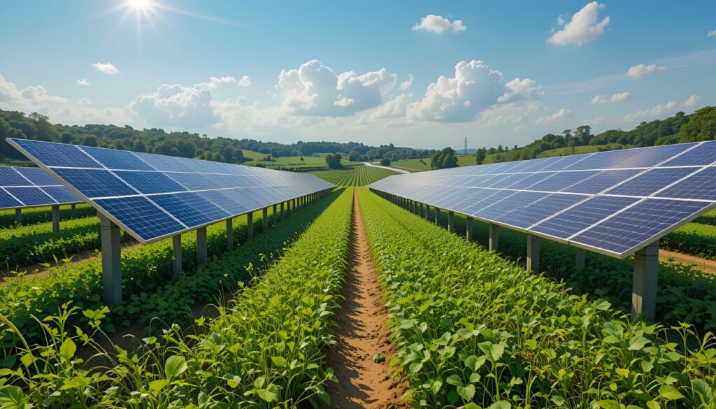Installation agrivoltaïque avec panneaux solaires sur cultures agricoles en 2025